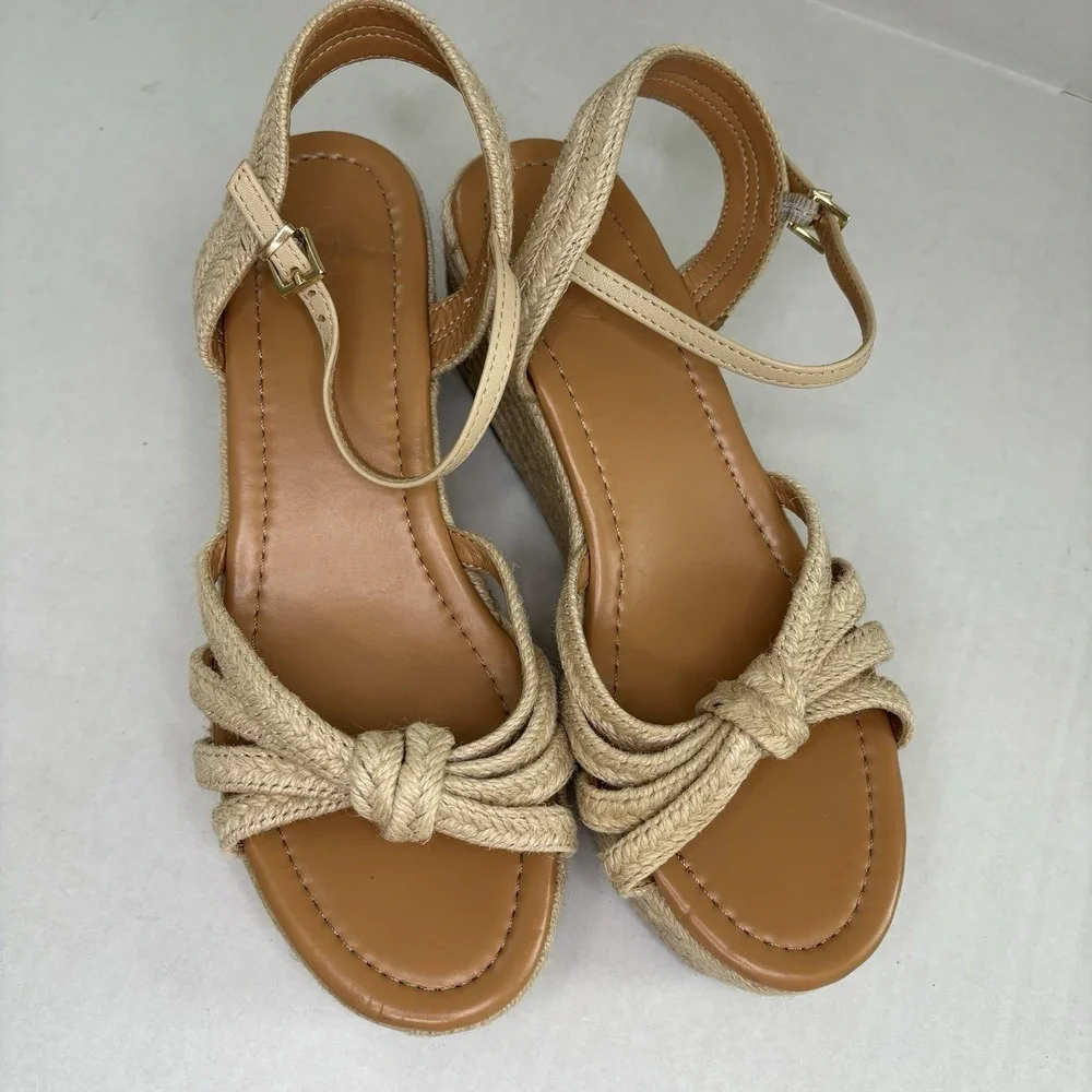 J.Crew Espadrille Wedge Sandals Strap Beige Tan Shoes‎ 8.5 Platform Preppy Boho